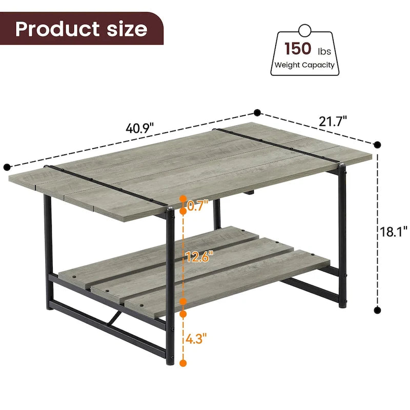 Mesa de centro industrial moderna grande de madera de 41 con 2 niveles y estante de almacenamiento