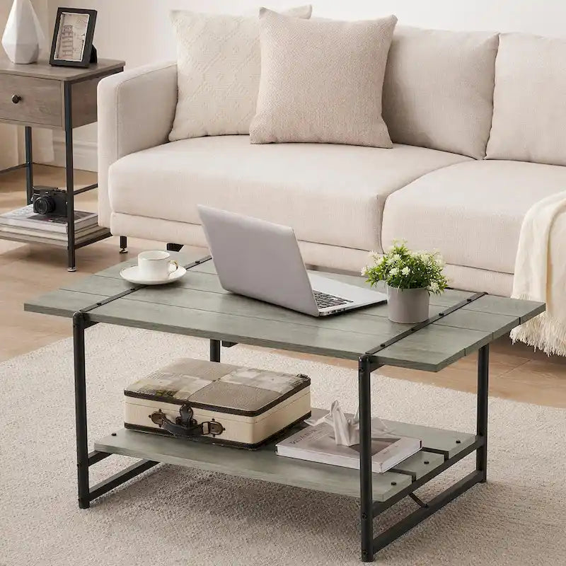 Mesa de centro industrial moderna grande de madera de 41 con 2 niveles y estante de almacenamiento