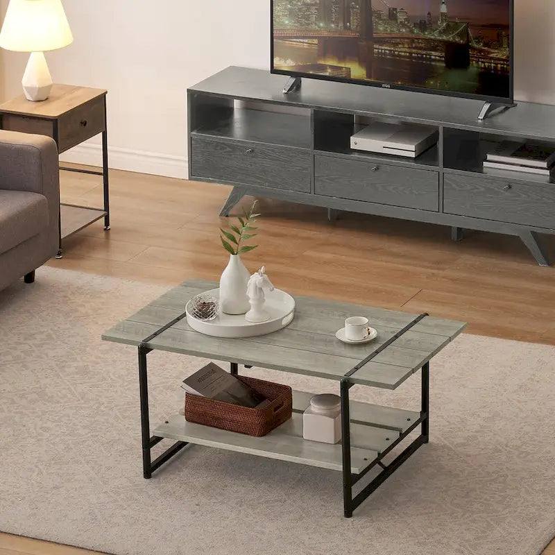 Mesa de centro industrial moderna grande de madera de 41 con 2 niveles y estante de almacenamiento