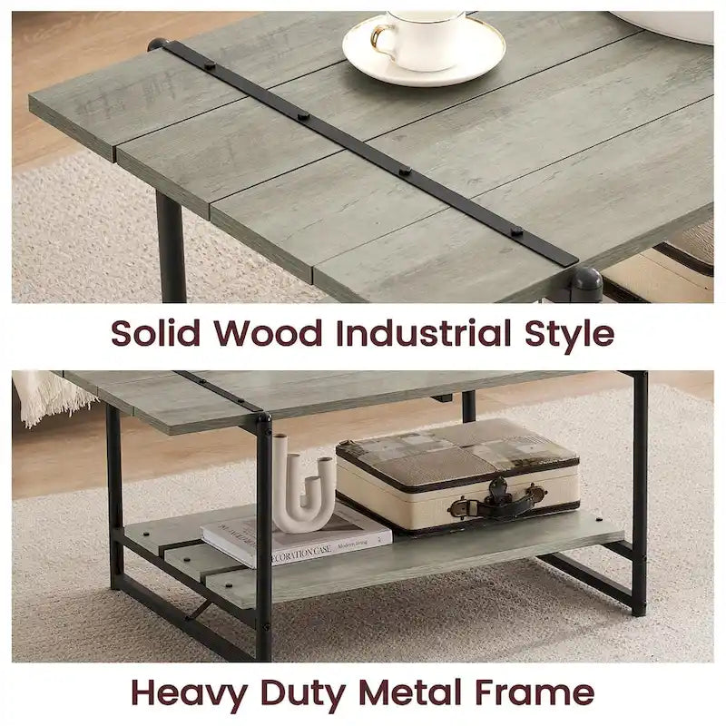 Mesa de centro industrial moderna grande de madera de 41 con 2 niveles y estante de almacenamiento