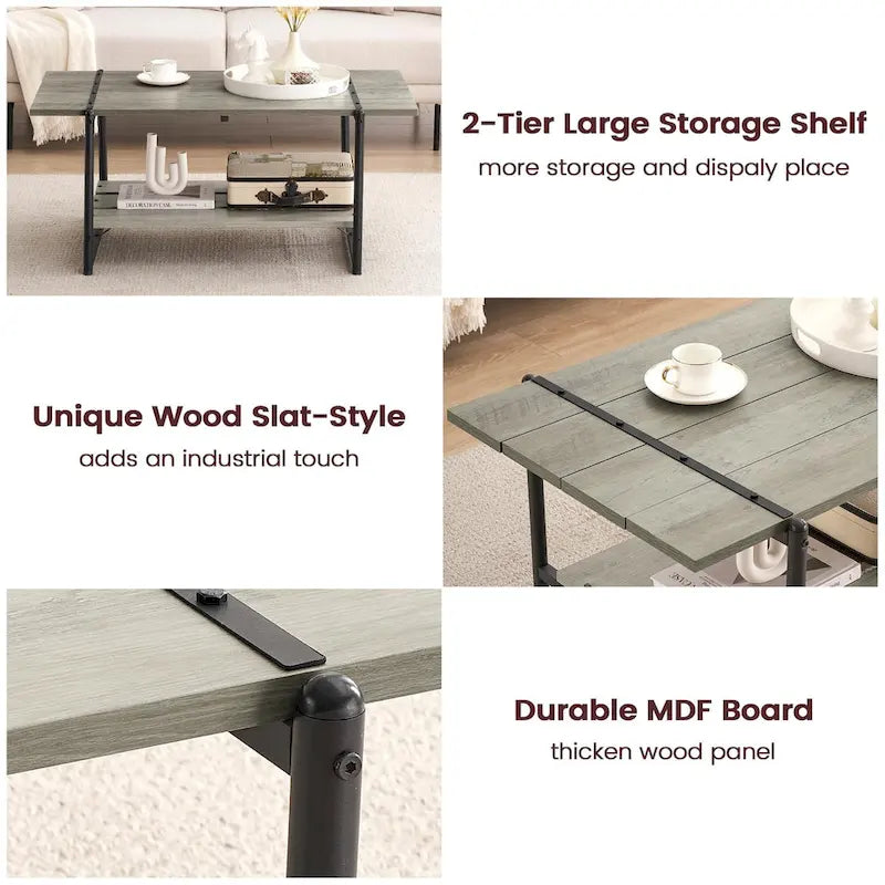 Mesa de centro industrial moderna grande de madera de 41 con 2 niveles y estante de almacenamiento