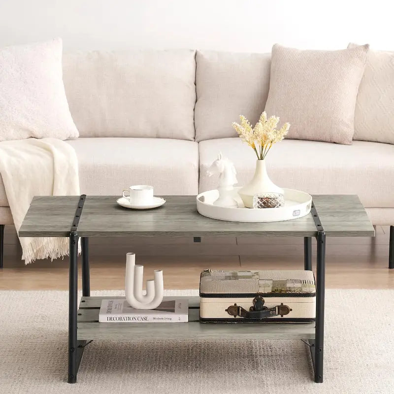 Mesa de centro industrial moderna grande de madera de 41 con 2 niveles y estante de almacenamiento
