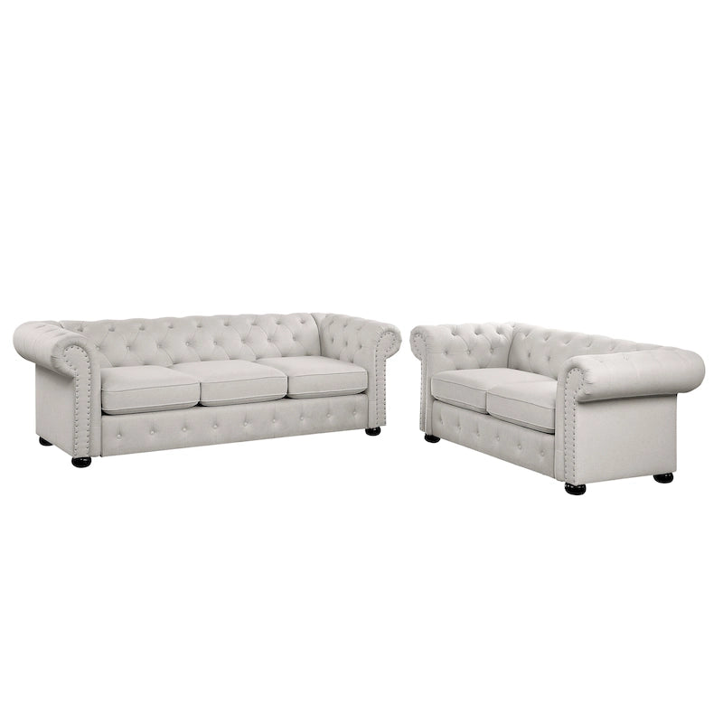 Ensemble 2 pièces comprenant un canapé et une causeuse Chesterfield à accoudoirs roulés et capitonnés