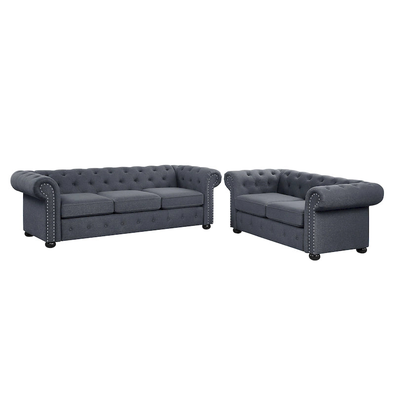 Ensemble 2 pièces comprenant un canapé et une causeuse Chesterfield à accoudoirs roulés et capitonnés