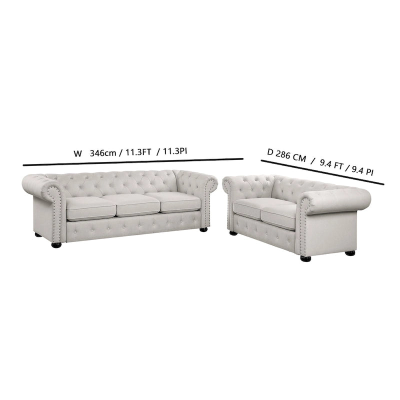 Ensemble 2 pièces comprenant un canapé et une causeuse Chesterfield à accoudoirs roulés et capitonnés