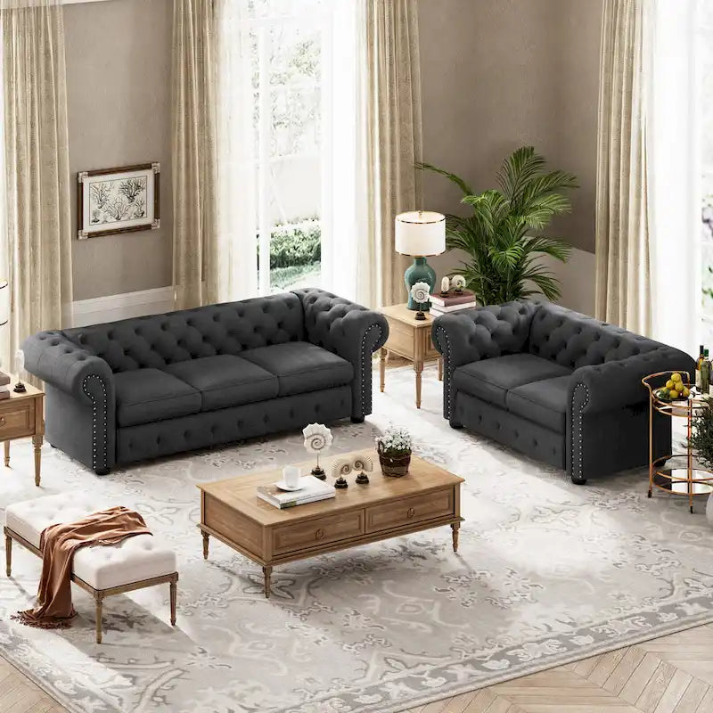 Ensemble 2 pièces comprenant un canapé et une causeuse Chesterfield à accoudoirs roulés et capitonnés