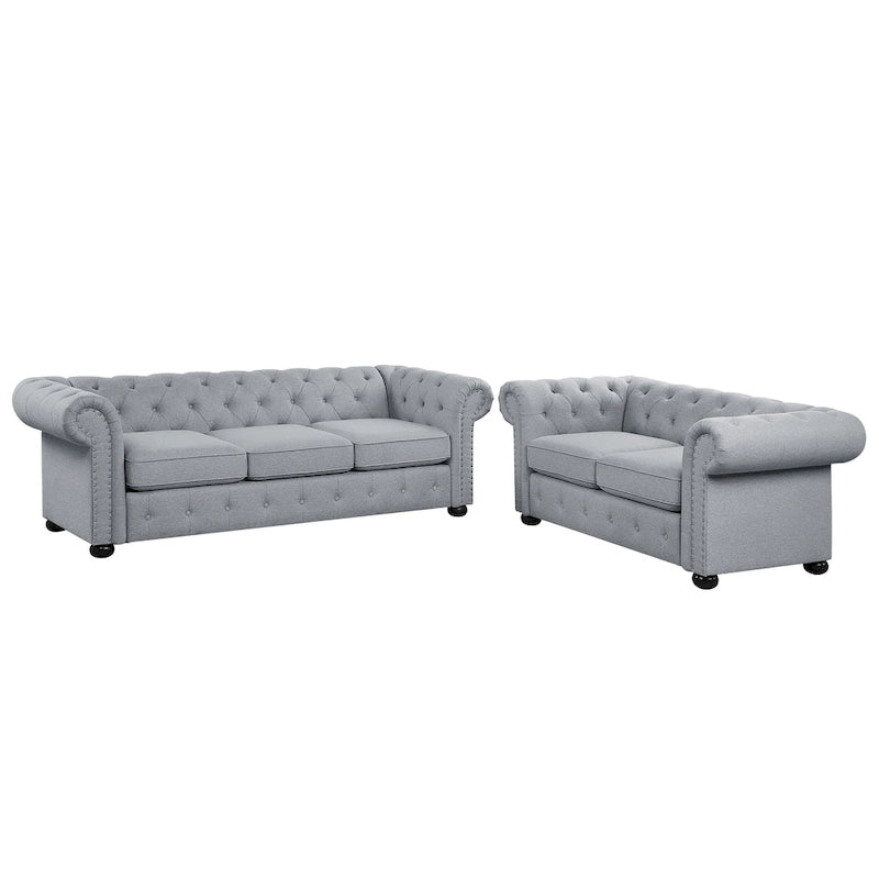 Ensemble 2 pièces comprenant un canapé et une causeuse Chesterfield à accoudoirs roulés et capitonnés
