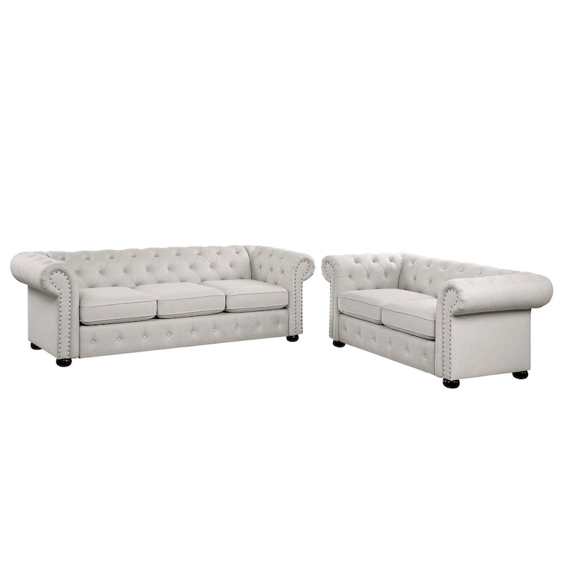Ensemble 2 pièces comprenant un canapé et une causeuse Chesterfield à accoudoirs roulés et capitonnés