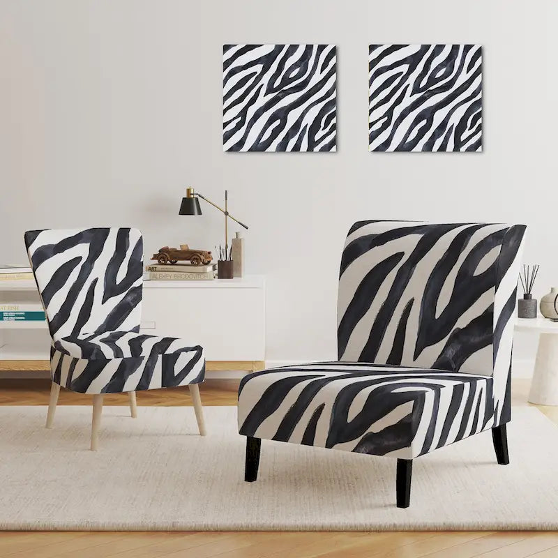 Silla decorativa y sillón tapizados con estampado de cebra, para cabaña y refugio