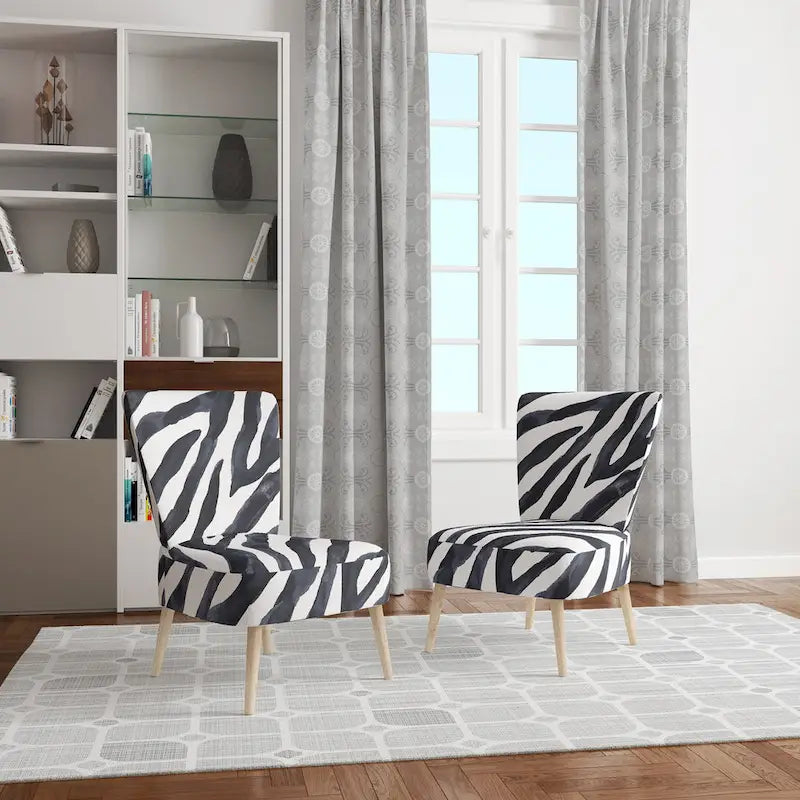 Silla decorativa y sillón tapizados con estampado de cebra, para cabaña y refugio