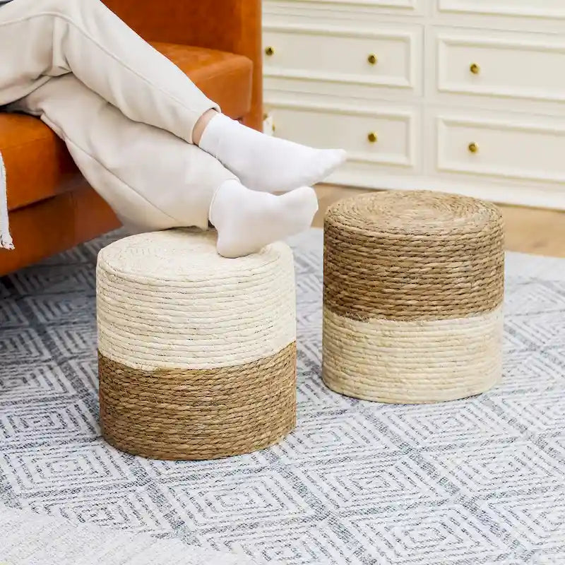 Lot de 2 poufs repose-pieds tressés à la main en quenouille naturelle