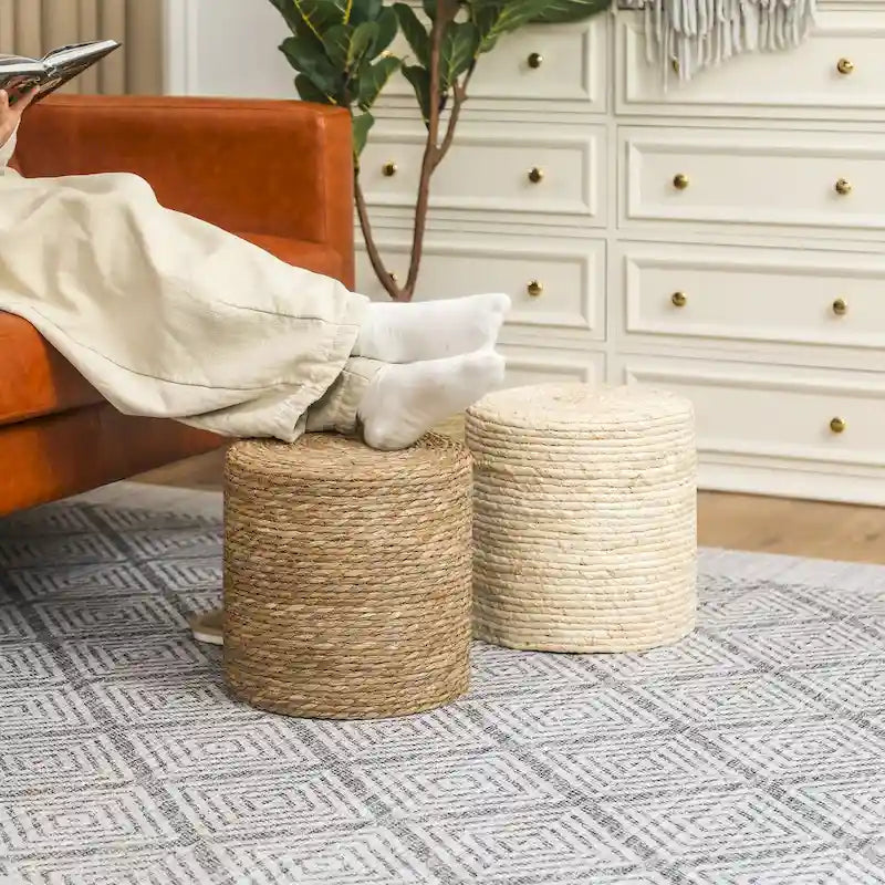 Juego de 2 pufs reposapiés de totora natural tejidos a mano