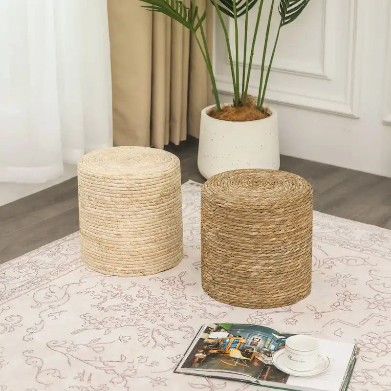 Juego de 2 pufs reposapiés de totora natural tejidos a mano