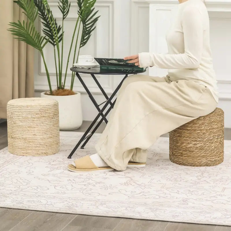 Juego de 2 pufs reposapiés de totora natural tejidos a mano