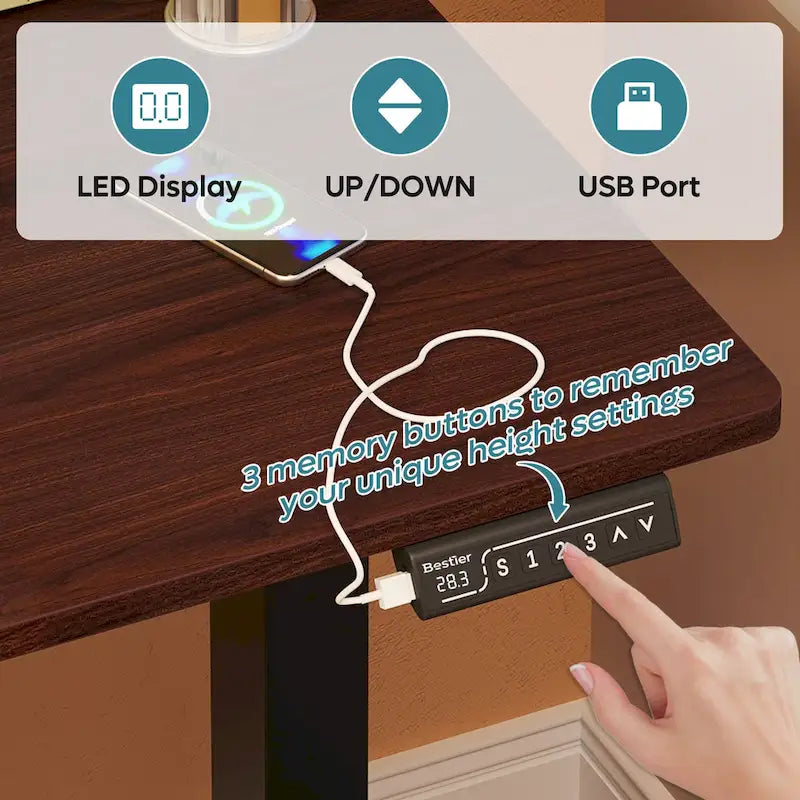 Bureau électrique ergonomique assis-debout, réglable en hauteur, avec port USB