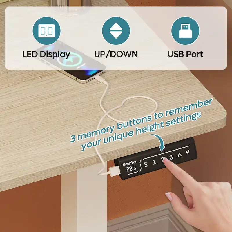 Bureau électrique ergonomique assis-debout, réglable en hauteur, avec port USB