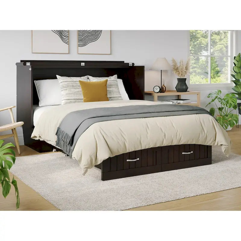 Lit escamotable coffre Sydney en bois massif, format queen, avec matelas