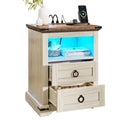 Table de chevet à 2 tiroirs avec éclairage LED et station de recharge, table d’appoint avec étagère de rangement ouverte