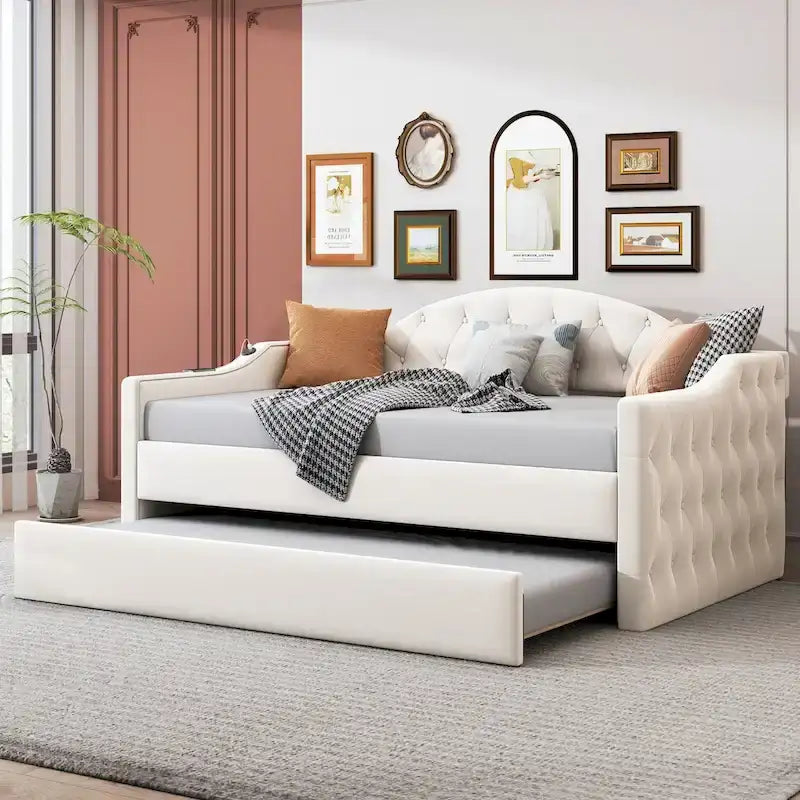 Lit de repos rembourré capitonné de taille simple avec lit gigogne, canapé-lit en velours avec ports de recharge USB et Type-C, sans sommier nécessaire