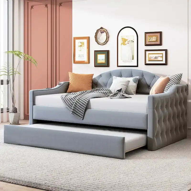 Lit de repos rembourré capitonné de taille simple avec lit gigogne, canapé-lit en velours avec ports de recharge USB et Type-C, sans sommier nécessaire