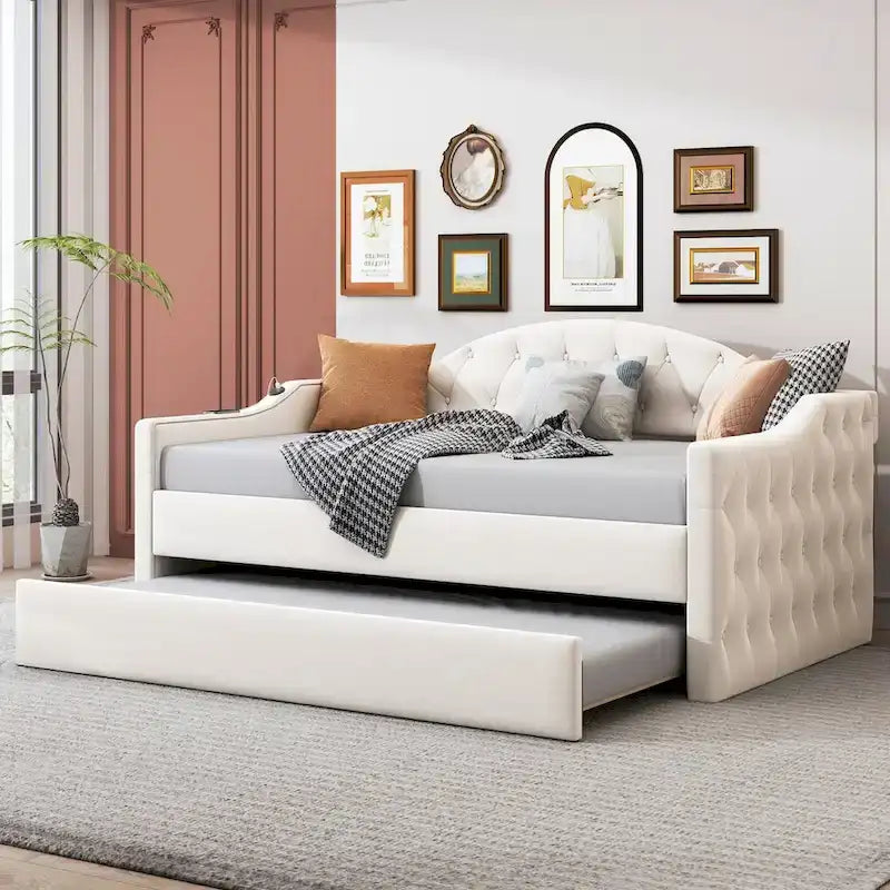 Lit de repos rembourré capitonné de taille simple avec lit gigogne, canapé-lit en velours avec ports de recharge USB et Type-C, sans sommier nécessaire