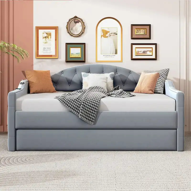 Lit de repos rembourré capitonné de taille simple avec lit gigogne, canapé-lit en velours avec ports de recharge USB et Type-C, sans sommier nécessaire