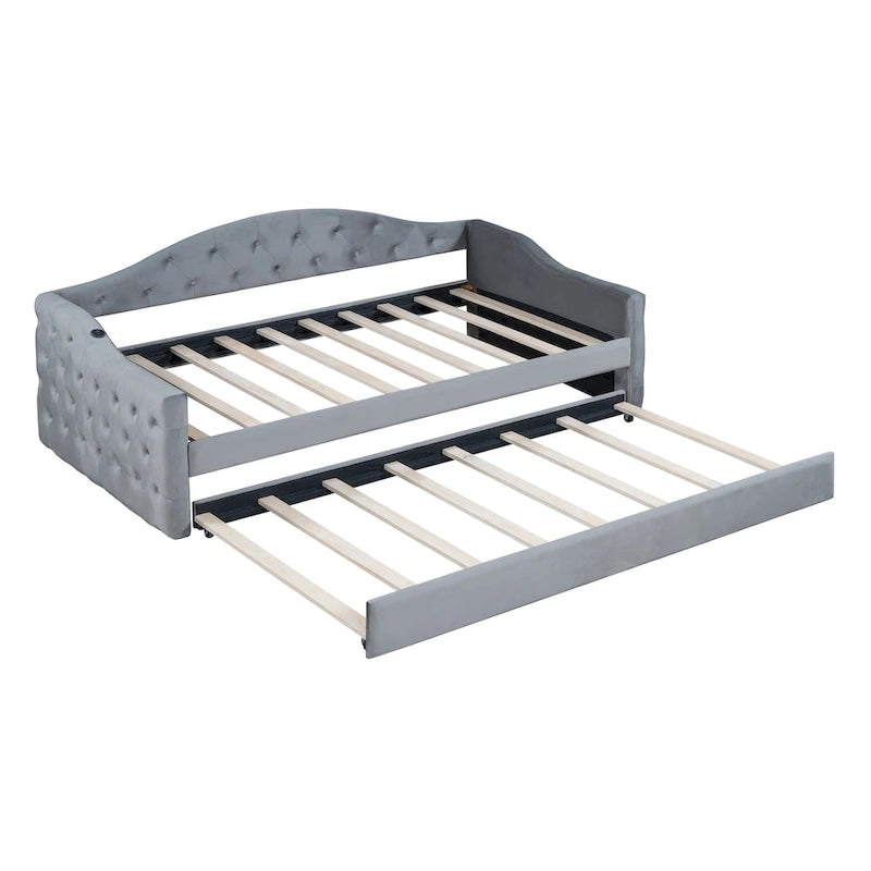 Lit de repos rembourré capitonné de taille simple avec lit gigogne, canapé-lit en velours avec ports de recharge USB et Type-C, sans sommier nécessaire
