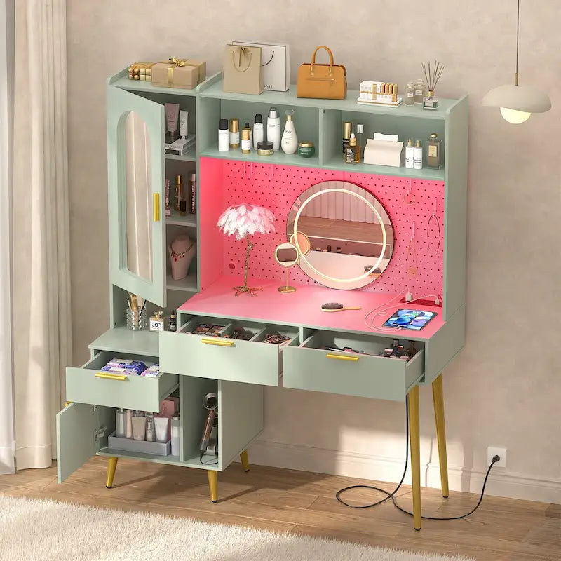 Coiffeuse avec panneau perforé et étagère supérieure, table de chambre avec station de recharge et éclairage LED