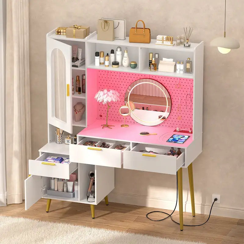 Makeup Vanity with Pegboard and Hutch, Bedroom Vanity Table with Charge Station and LED Light - N/A