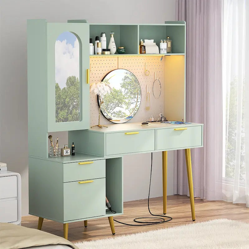 Coiffeuse avec panneau perforé et étagère supérieure, table de chambre avec station de recharge et éclairage LED