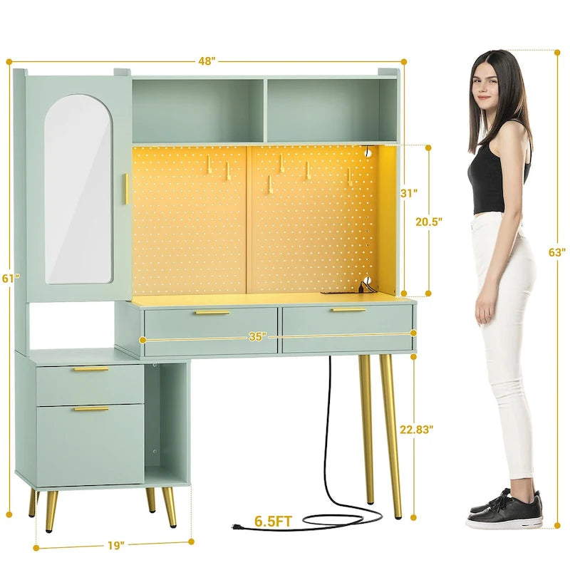 Schminktisch mit Lochwand und Aufsatz, Schminktisch fürs Schlafzimmer mit Ladestation und LED-Beleuchtung