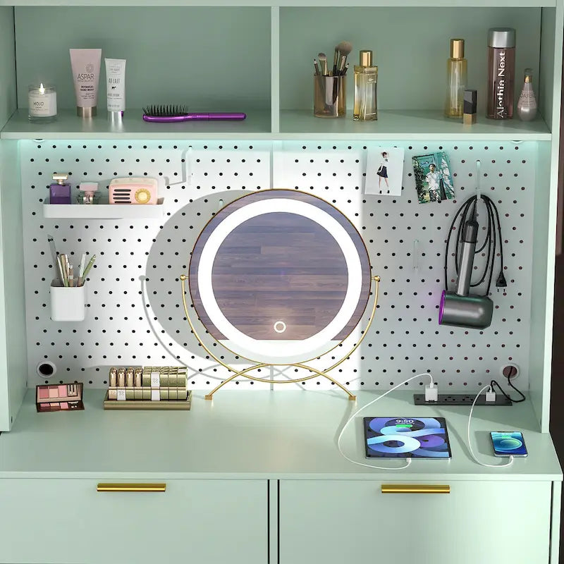 Schminktisch mit Lochwand und Aufsatz, Schminktisch fürs Schlafzimmer mit Ladestation und LED-Beleuchtung