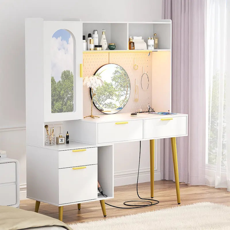 Schminktisch mit Lochwand und Aufsatz, Schminktisch fürs Schlafzimmer mit Ladestation und LED-Beleuchtung