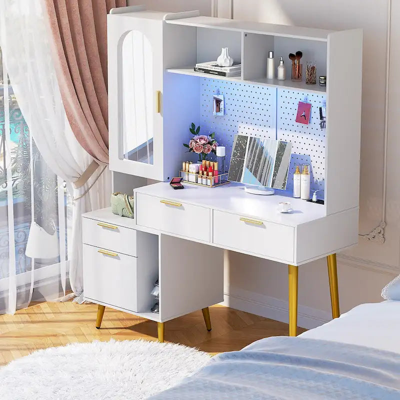 Schminktisch mit Lochwand und Aufsatz, Schminktisch fürs Schlafzimmer mit Ladestation und LED-Beleuchtung