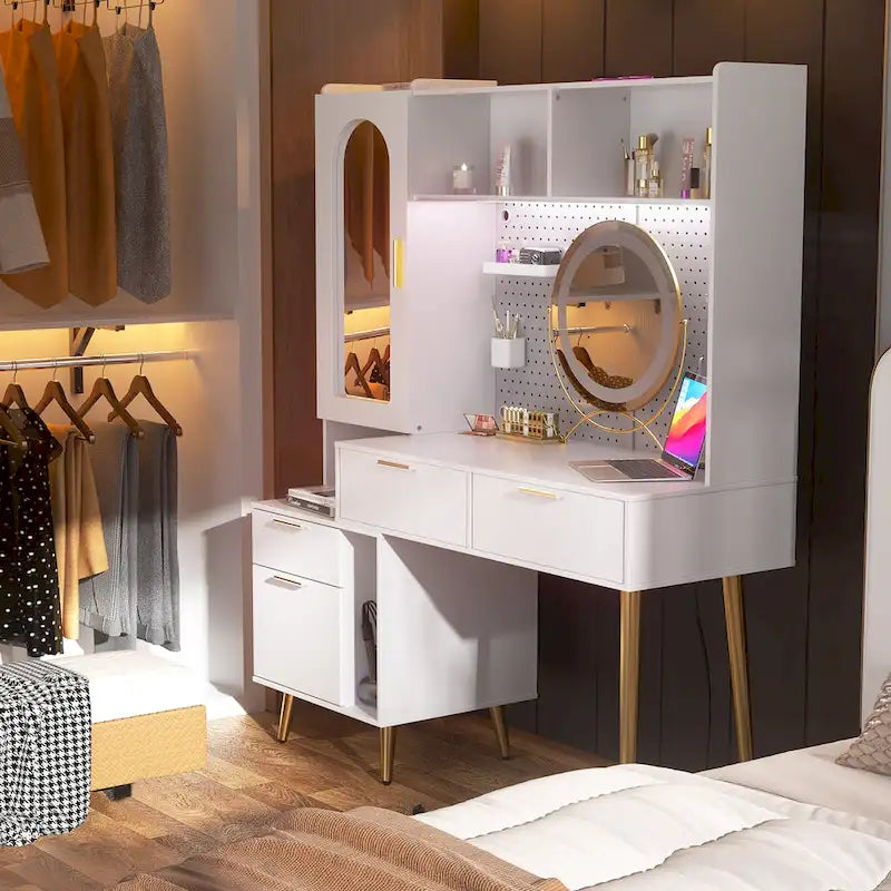 Schminktisch mit Lochwand und Aufsatz, Schminktisch fürs Schlafzimmer mit Ladestation und LED-Beleuchtung