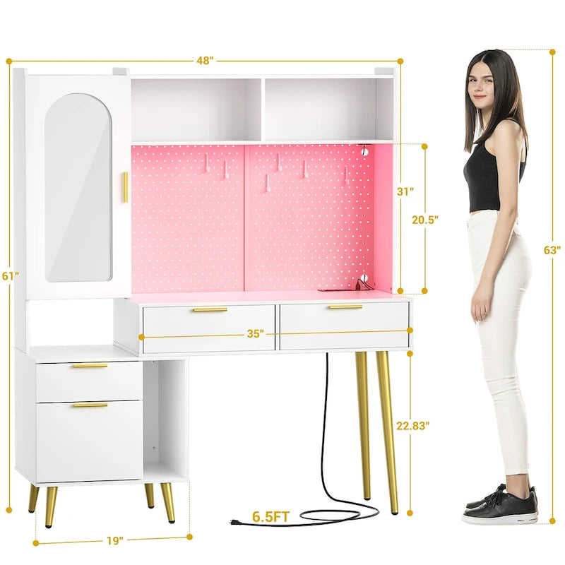 Schminktisch mit Lochwand und Aufsatz, Schminktisch fürs Schlafzimmer mit Ladestation und LED-Beleuchtung