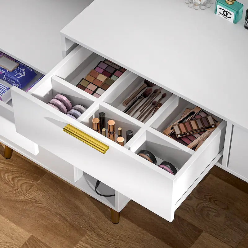 Schminktisch mit Lochwand und Aufsatz, Schminktisch fürs Schlafzimmer mit Ladestation und LED-Beleuchtung