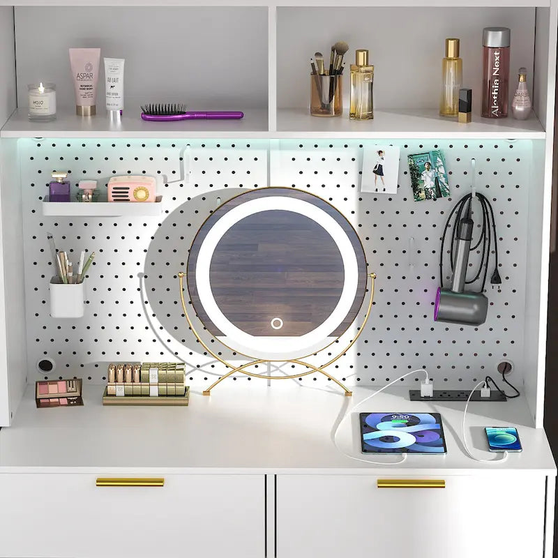 Schminktisch mit Lochwand und Aufsatz, Schminktisch fürs Schlafzimmer mit Ladestation und LED-Beleuchtung