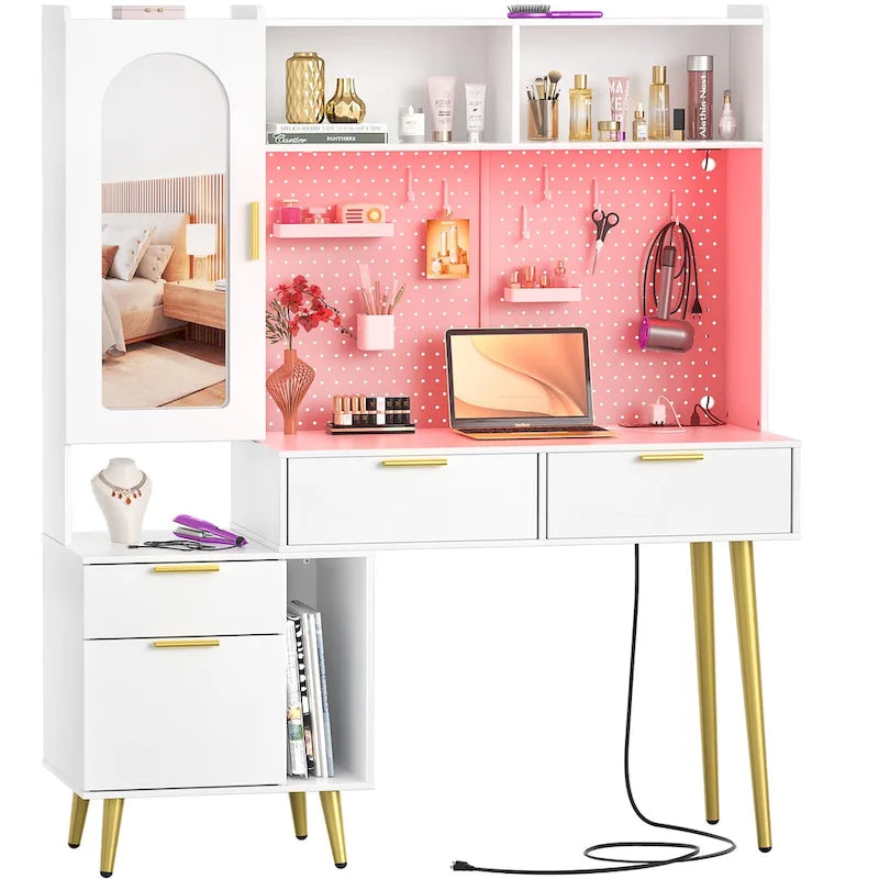 Schminktisch mit Lochwand und Aufsatz, Schminktisch fürs Schlafzimmer mit Ladestation und LED-Beleuchtung