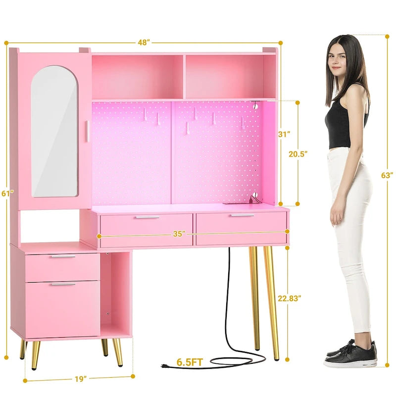 Schminktisch mit Lochwand und Aufsatz, Schminktisch fürs Schlafzimmer mit Ladestation und LED-Beleuchtung