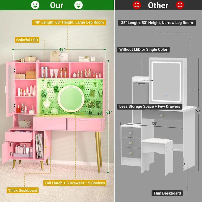Schminktisch mit Lochwand und Aufsatz, Schminktisch fürs Schlafzimmer mit Ladestation und LED-Beleuchtung