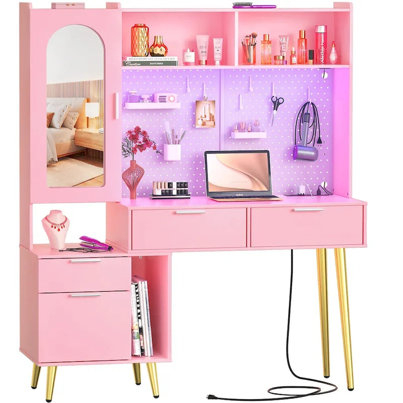Schminktisch mit Lochwand und Aufsatz, Schminktisch fürs Schlafzimmer mit Ladestation und LED-Beleuchtung
