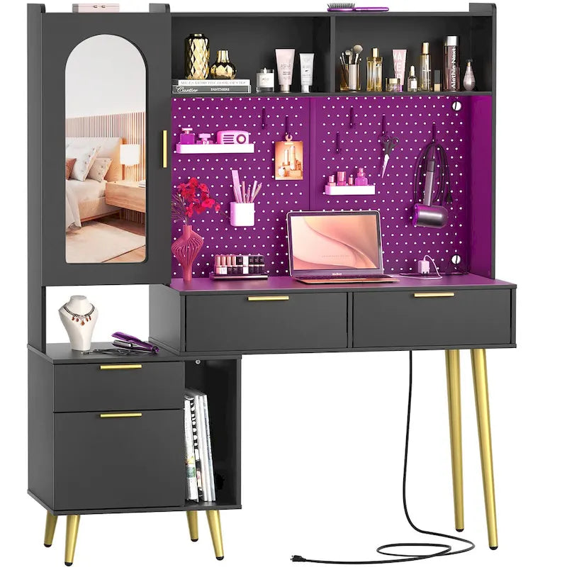 Schminktisch mit Lochwand und Aufsatz, Schminktisch fürs Schlafzimmer mit Ladestation und LED-Beleuchtung