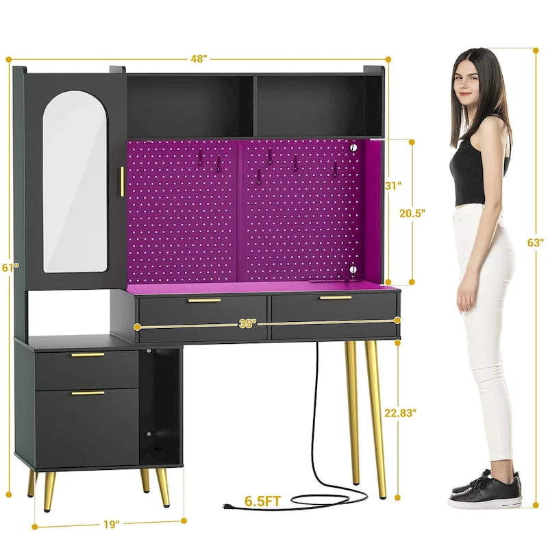 Schminktisch mit Lochwand und Aufsatz, Schminktisch fürs Schlafzimmer mit Ladestation und LED-Beleuchtung