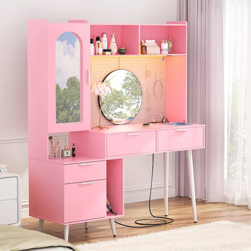 Schminktisch mit Lochwand und Aufsatz, Schminktisch fürs Schlafzimmer mit Ladestation und LED-Beleuchtung