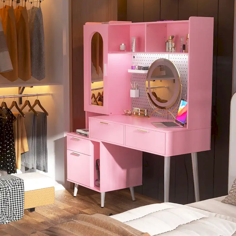 Schminktisch mit Lochwand und Aufsatz, Schminktisch fürs Schlafzimmer mit Ladestation und LED-Beleuchtung
