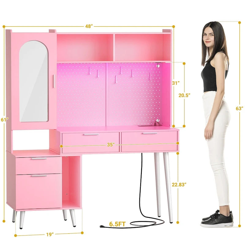 Schminktisch mit Lochwand und Aufsatz, Schminktisch fürs Schlafzimmer mit Ladestation und LED-Beleuchtung