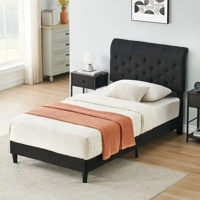 Twin Size Bed Frame with Curved Upholstered Headboard