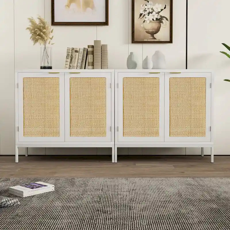 Buffet de cuisine blanc en bois et rotin avec 2 portes