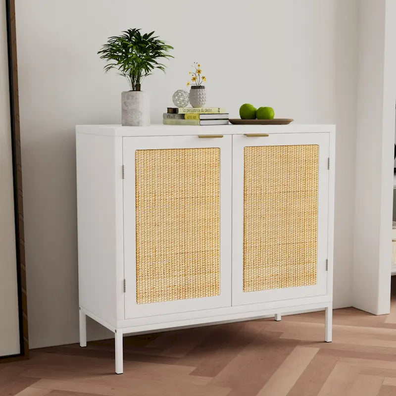 Buffet de cuisine blanc en bois et rotin avec 2 portes